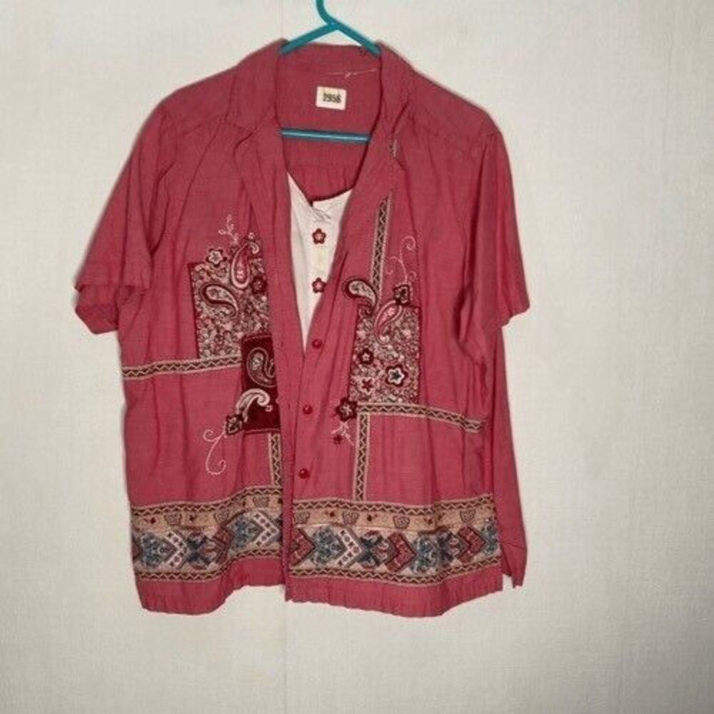VTG Bobbie Brooks Short Slv. Shirt Women Size 22/24W Patchwork Paisley Embroided